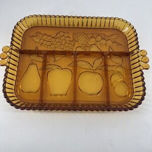 Indiana Carnival Glass Amber Divided Fruit Embossed Relish Serving Tray Dish VTG